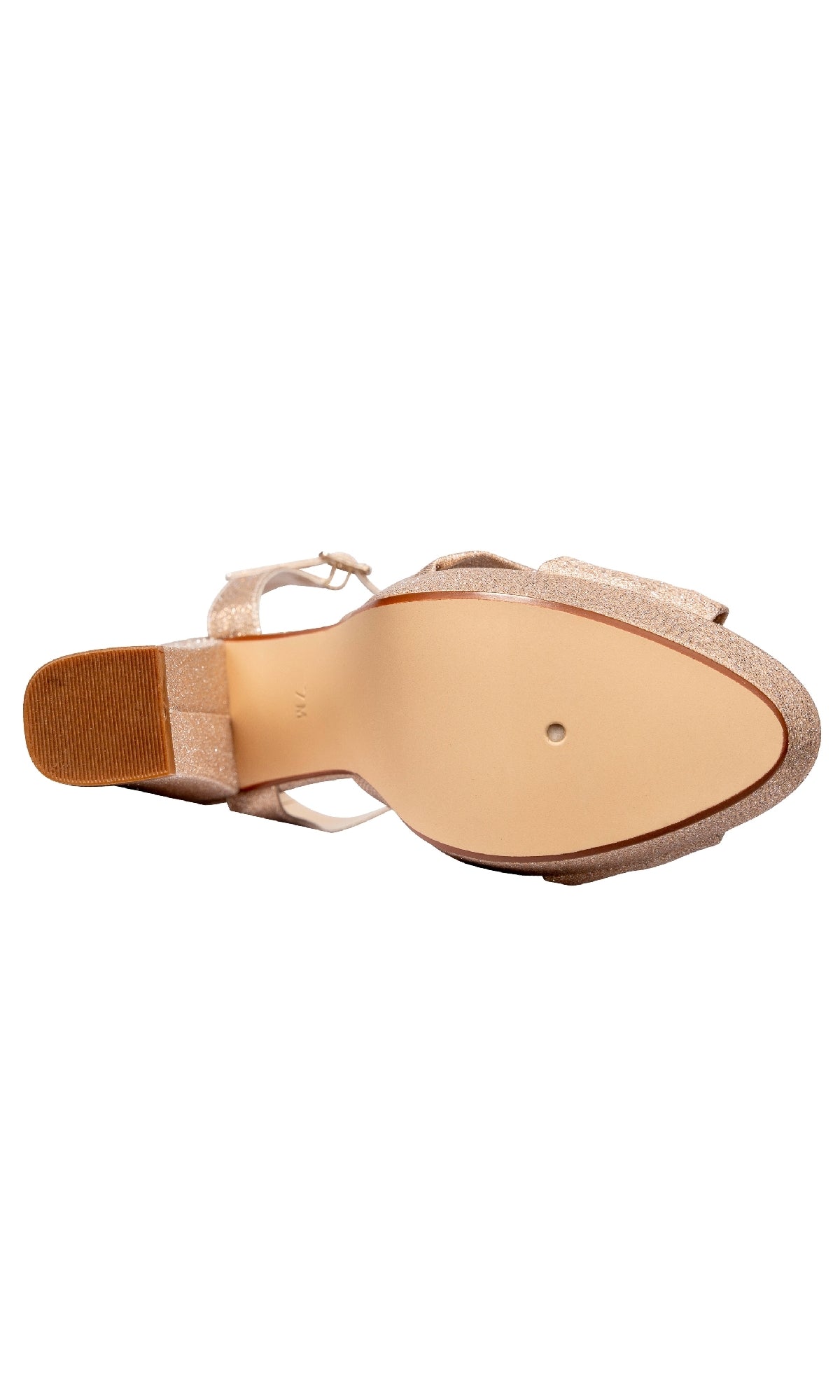 The image shows the bottom view of the Sailor Champagne Shimmer Shoes: Touch Ups 4662, a beige women's dress shoe with a low block heel and smooth sole—ideal for pairing with prom outfits needing subtle champagne shimmer.